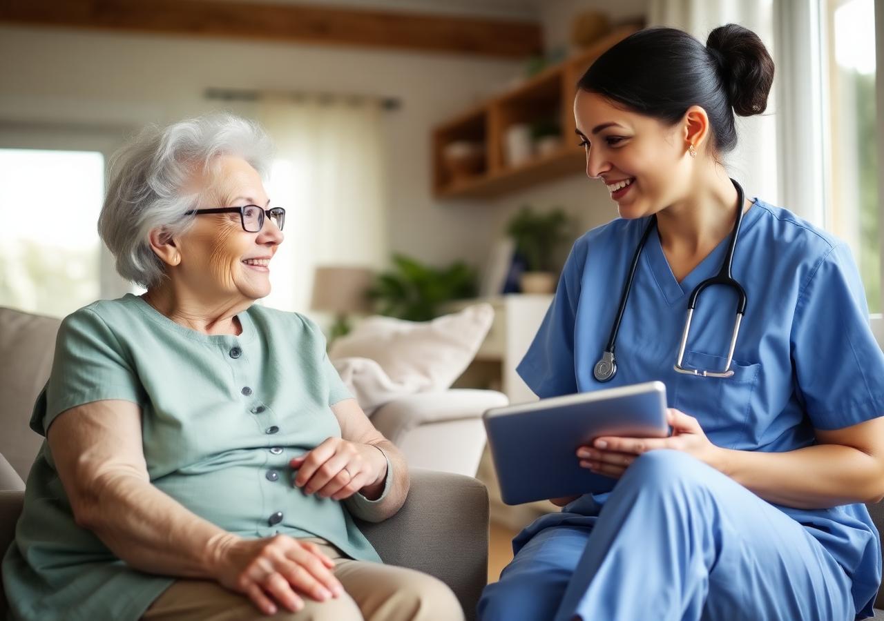 Home Healthcare caregiver speaking gently with an elderly woman client in her living room, holding a tablet