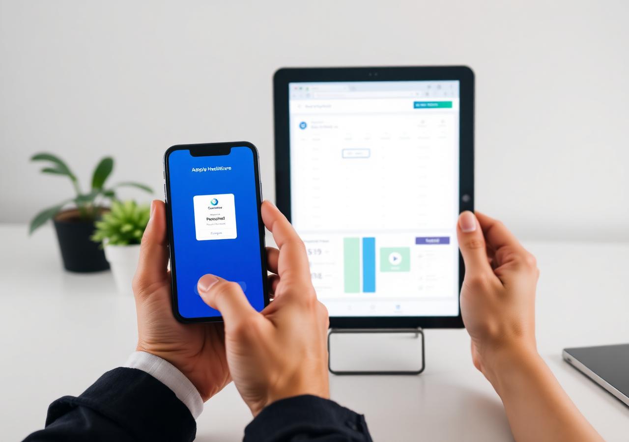 Hands holding a smartphone and tablet showing the VeloraPayco Home Healthcare platform on mobile and web