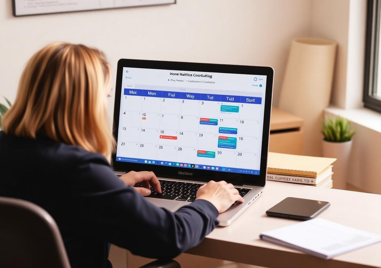 Home Healthcare scheduling coordinator using a laptop with a monthly calendar view of caregiver visits