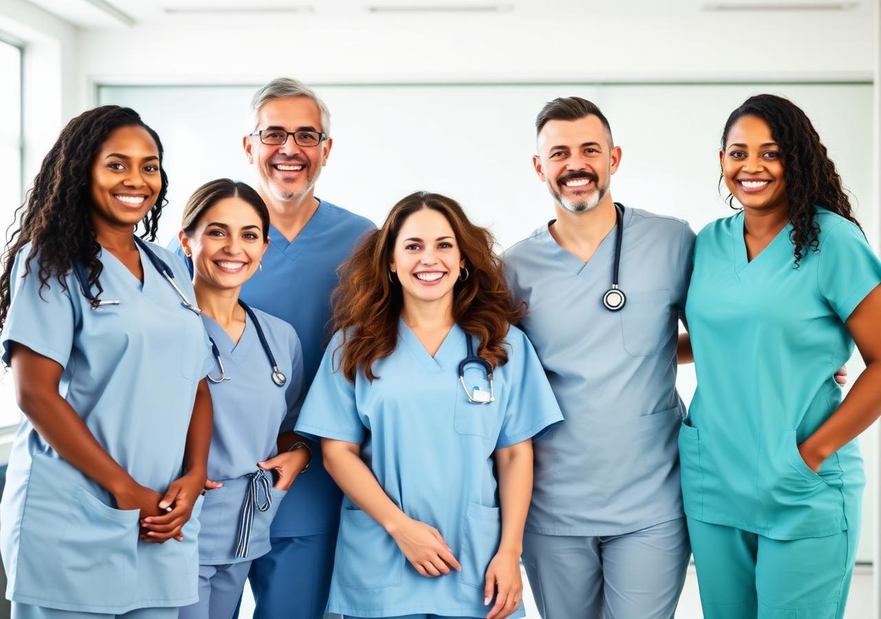 Diverse team of Home Healthcare caregivers of different ethnicities and ages smiling together in scrubs